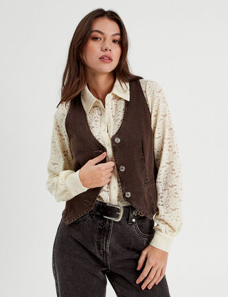 Veston sans manches en jean marron foncé femme