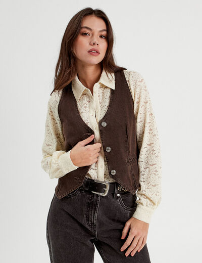 Veston sans manches en jean marron foncé femme