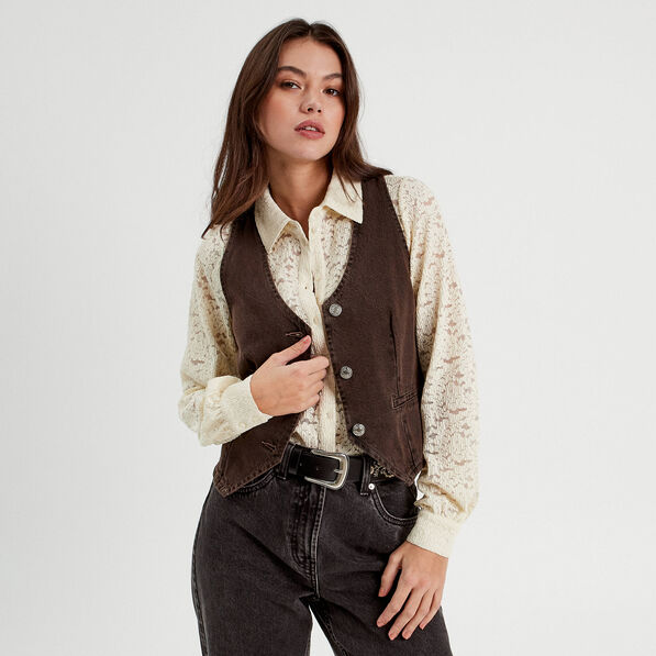 Veston sans manches en jean marron foncé femme