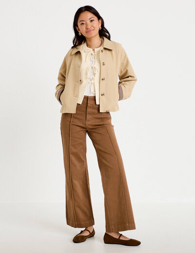 Veste courte boutonn&eacute;e doublure vichy beige femme