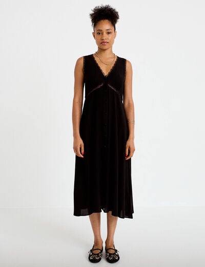 Robe longue droite sans manches col v noir femme