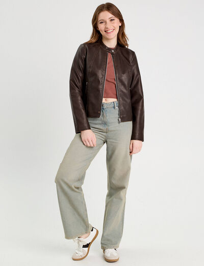 Veste ajustée simili cuir marron foncé femme
