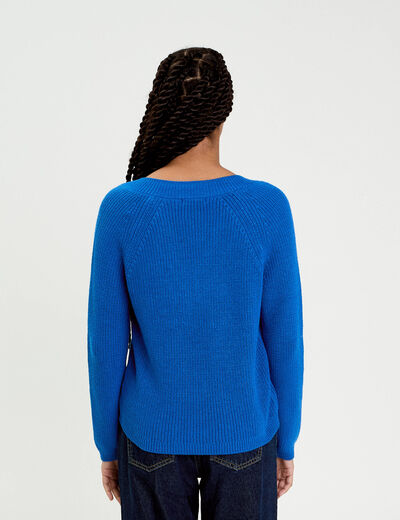 Pull col v manches longues bleu electrique femme