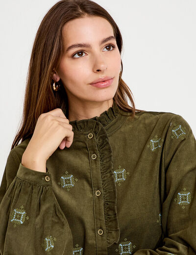Chemise droite velours col montant vert kaki femme