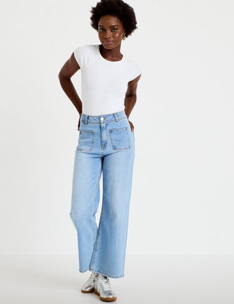Jean wide leg cropped taille haute denim bleach femme
