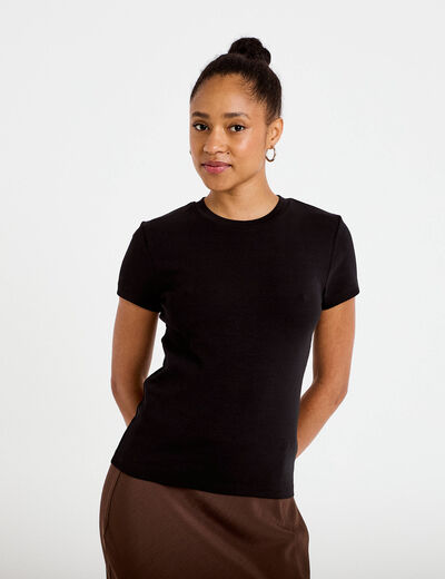 Top ajust&eacute; col rond manches courtes noir femme