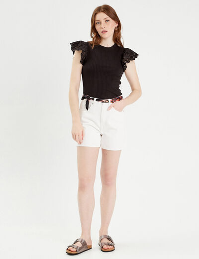 T-shirt manches courtes côtelé noir femme