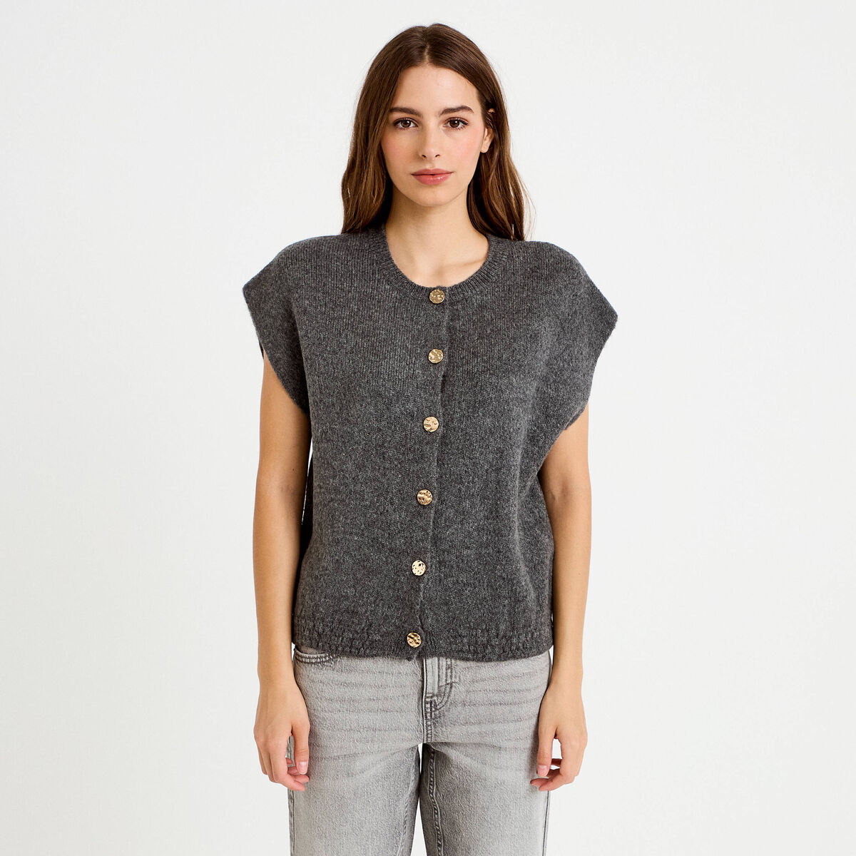 Gilet ample sans manches gris fonc&eacute; femme