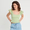 T-shirt smocké avec broderie vert clair femme