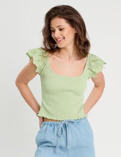 T-shirt smocké avec broderie vert clair femme