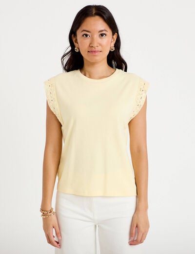 D&eacute;bardeur col rond jaune pastel femme