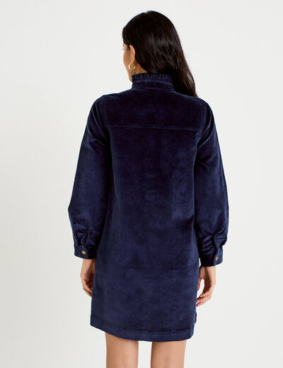 Robe &eacute;vas&eacute;e velours col montant bleu marine femme