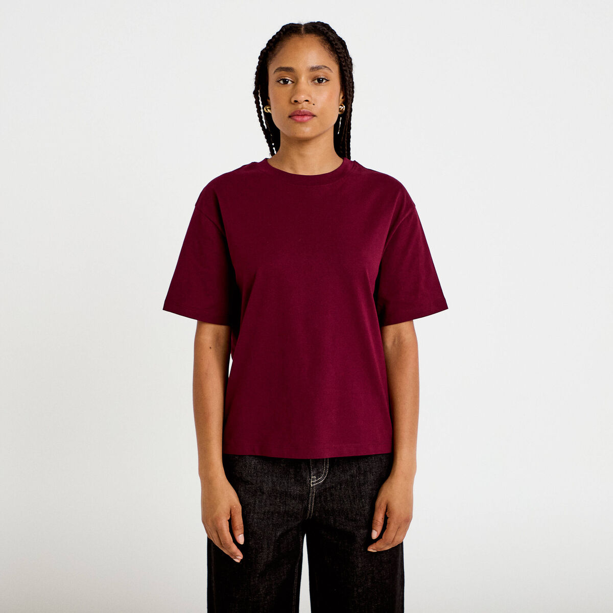 T-shirt col rond manches courtes bordeaux femme