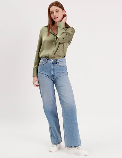 Chemise manches longues satin vert kaki femme