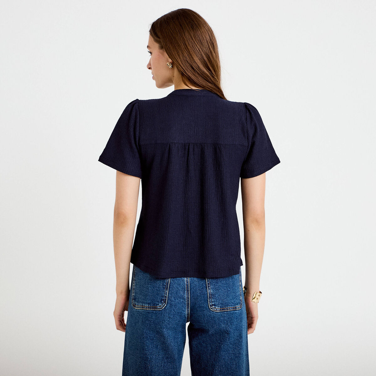 Blouse plastron brod&eacute; manches courtes bleu marine femme
