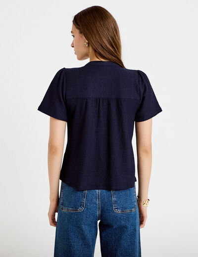 Blouse plastron brod&eacute; manches courtes bleu marine femme