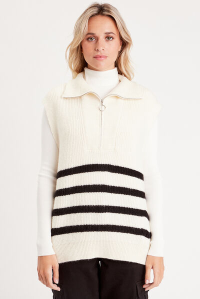 Pull col camionneur zippé ecru femme