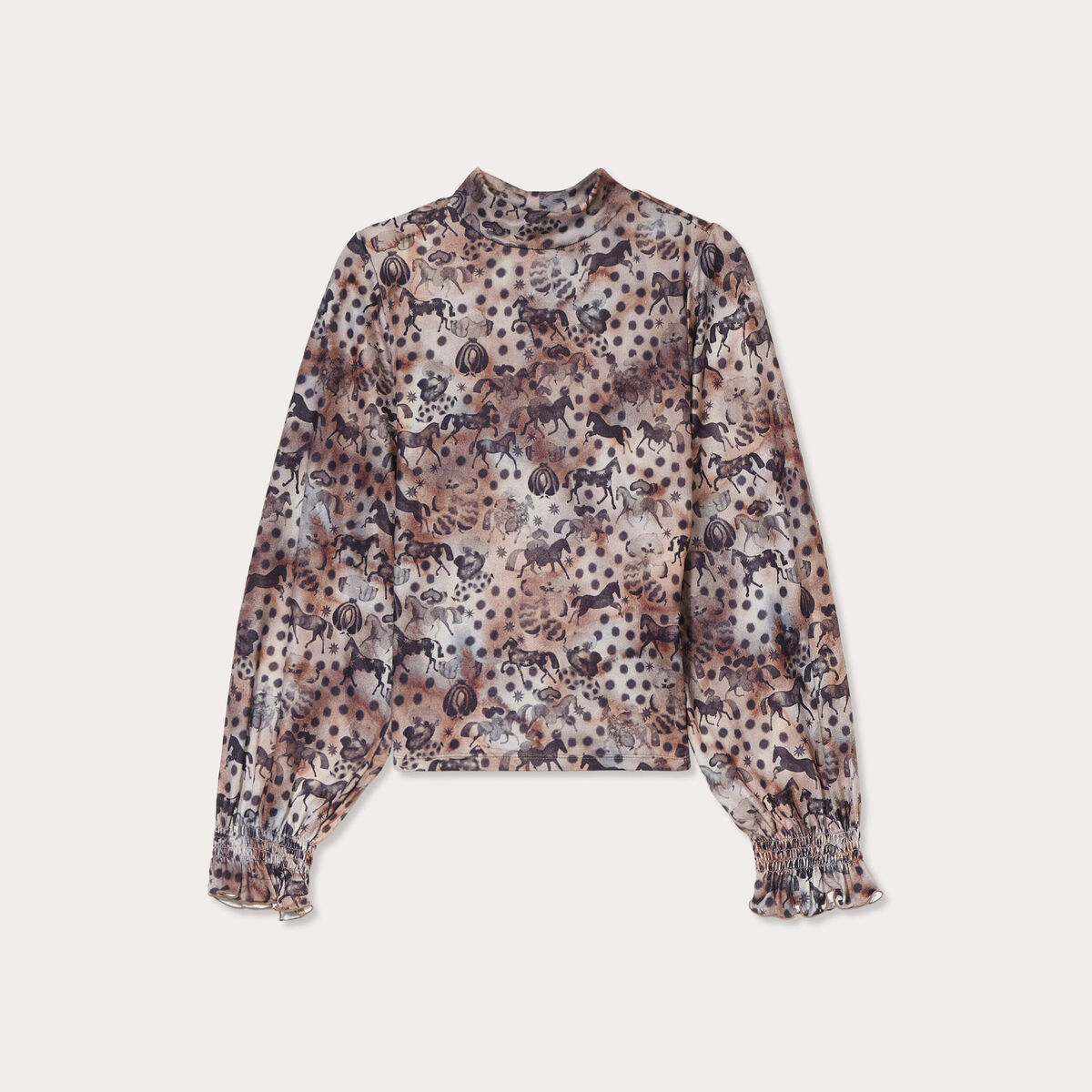 T-shirt col montant marron femme