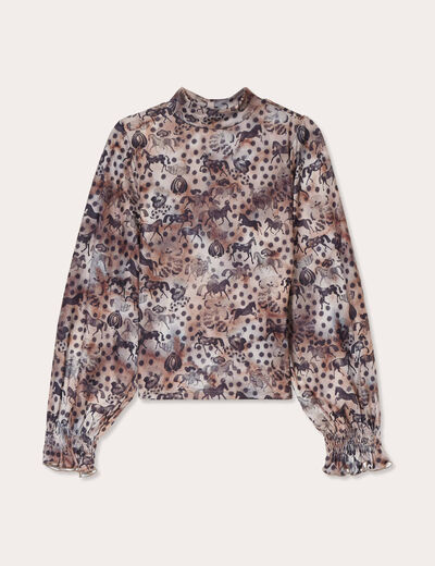 T-shirt col montant marron femme