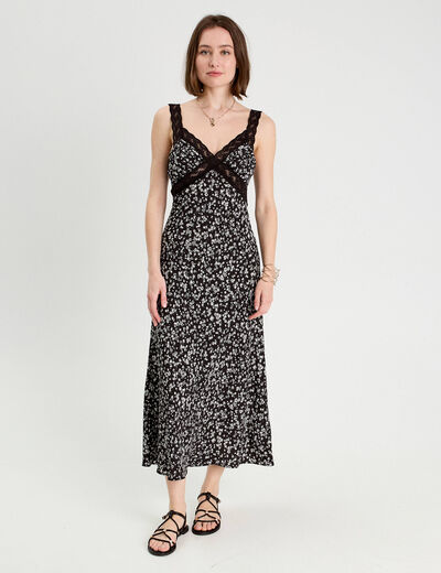 Robe longue évasée noir femme