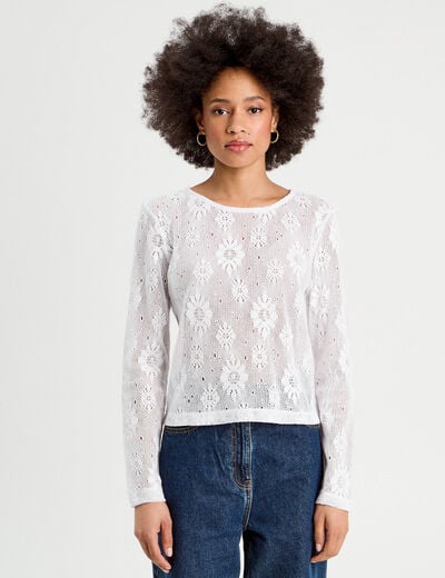 T-shirt ajouré effet crochet blanc femme