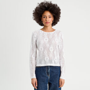 t shirt ajoure effet crochet blanc femme T-shirt ajouré effet crochet blanc femme