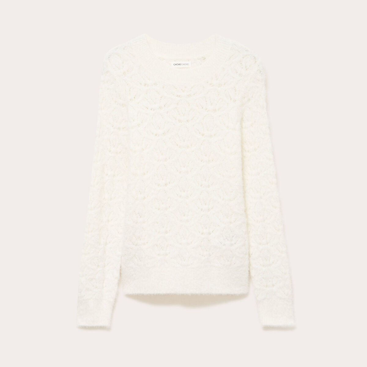 Pull ajour&eacute; col rond manches longues ecru femme
