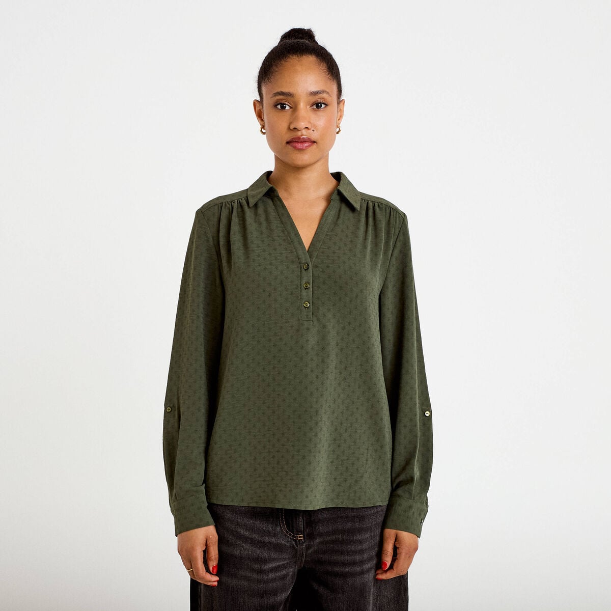 Blouse droite manches longues vert kaki femme