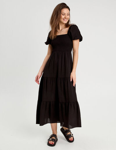 Robe longue évasée smockée noir femme