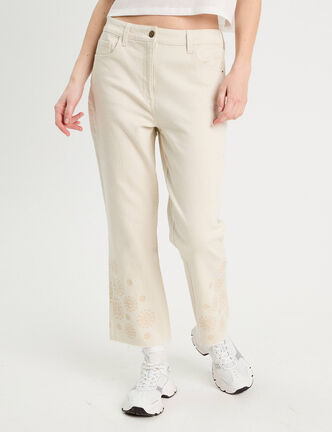 Pantalon large brodé 7/8ème ecru femme