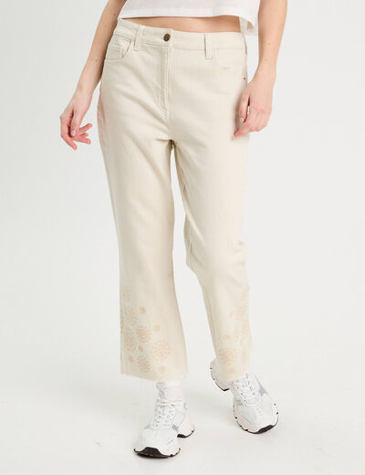Pantalon large brodé 7/8ème ecru femme