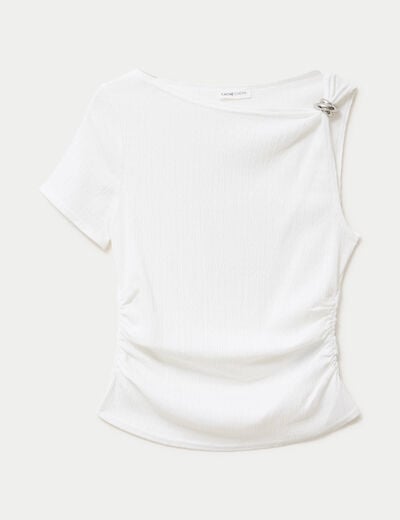 Top one shoulder pliss&eacute; manches courtes ecru femme