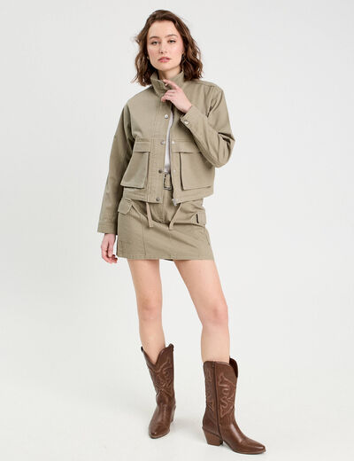 Veste droite col montant vert kaki femme
