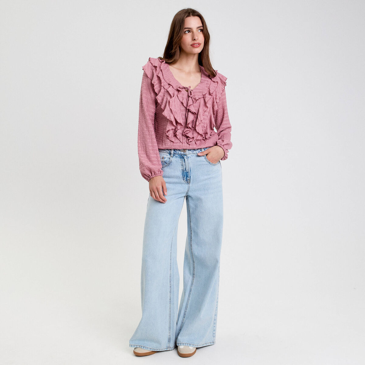 Blouse manches longues aspect dentelle vieux rose femme