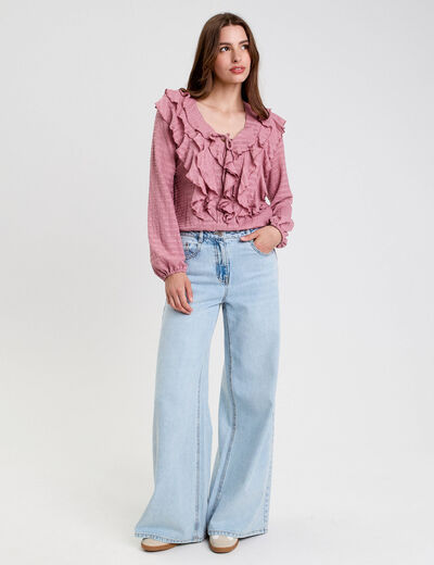 Blouse manches longues aspect dentelle vieux rose femme