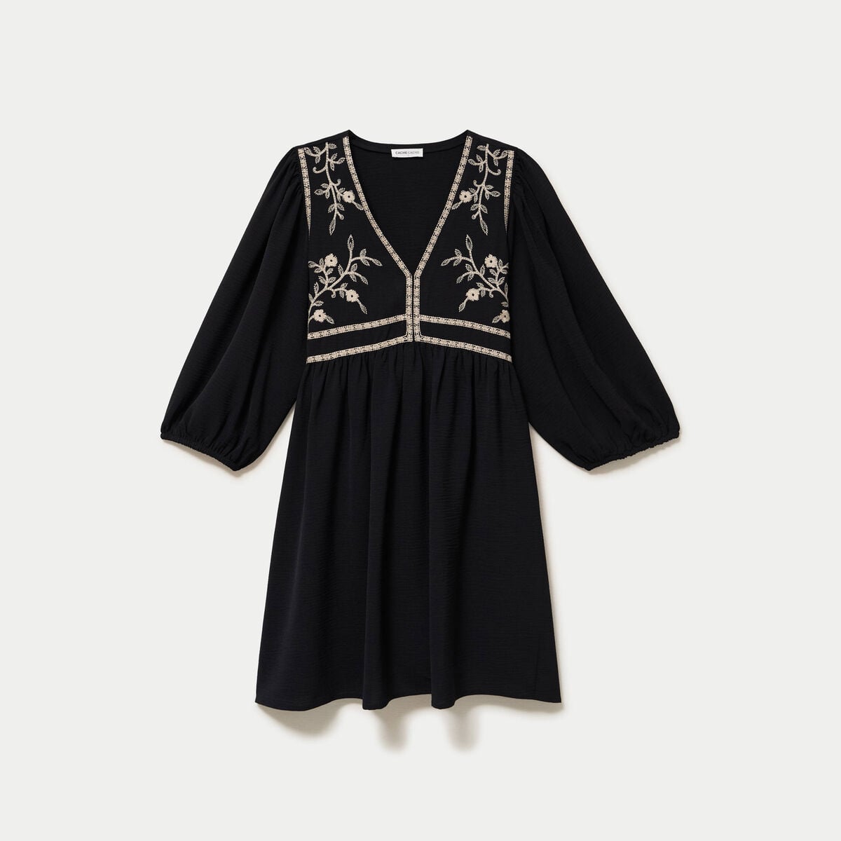 Robe droite courte col v manches 3/4 noir femme