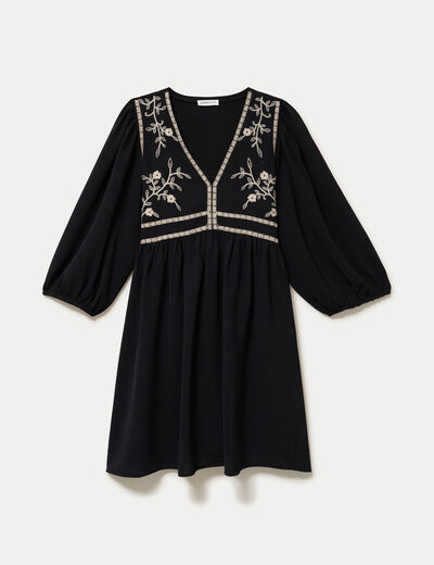 Robe droite courte col v manches 3/4 noir femme