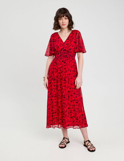 Robe longue évasée col en V rouge femme