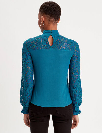 T-shirt col montant dentelle bleu canard femme
