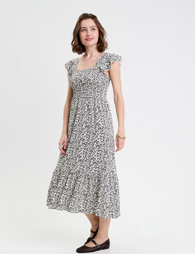 Robe longue évasée smockée blanc femme