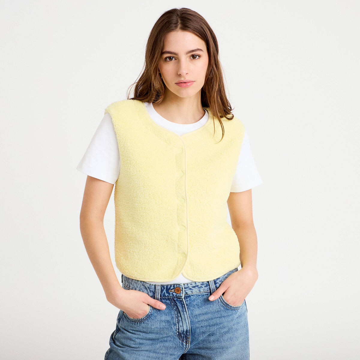 Veste sans manches effet polaire jaune clair femme