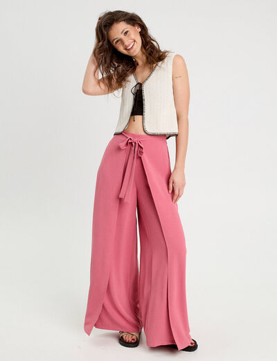 Pantalon large fluide pans vieux rose femme