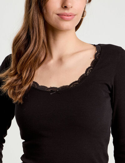 T-shirt manches longues côtelé noir femme