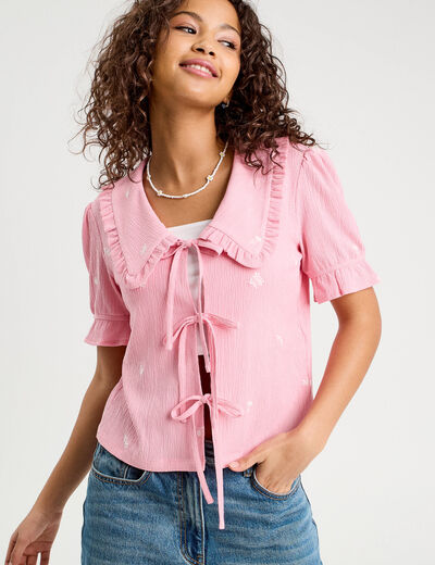 Blouse nouée brodée rose poudrée femme