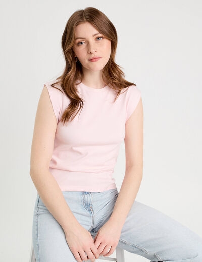 T-shirt col rond sans manches rose clair femme