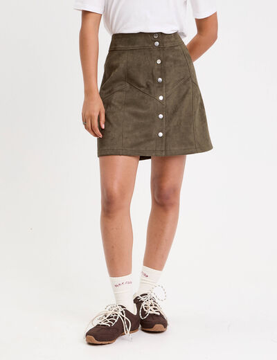 Jupe trap&egrave;ze courte aspect daim vert kaki femme