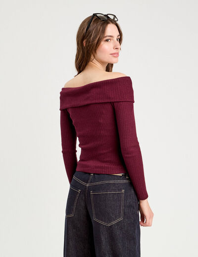 T-shirt c&ocirc;tel&eacute; col bardot violet fonc&eacute; femme