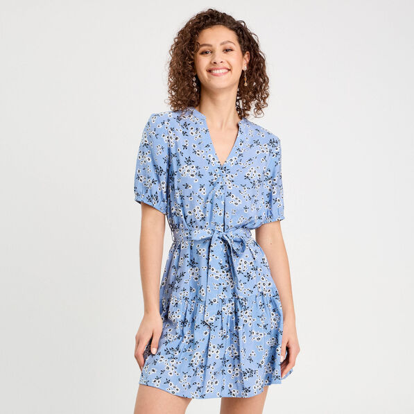 robe evasee ceinturee bleu gris femme Robe évasée ceinturée bleu gris femme