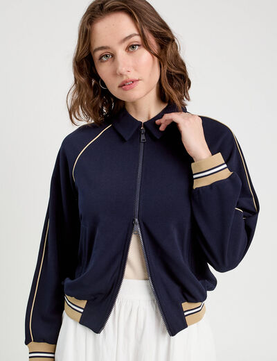 Sweat manches longues zippé bleu marine femme