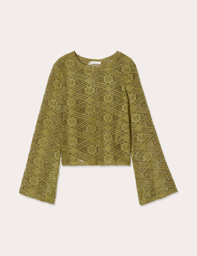 T-shirt ajouré manches pagodes vert olive femme